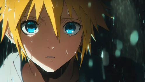 Rain-soaked anime boy gazes ahead with shining blue eyes