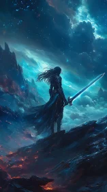 Lone armored warrior faces a storm-lit cosmic horizon