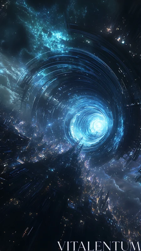 Cylindrical energy vortex above dense nocturnal cityscape.