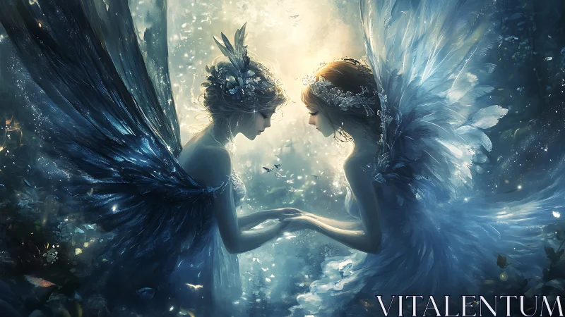 Ethereal winged sisters clasp hands in luminous forest haze