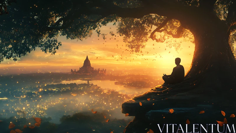 Meditating figure under sacred tree above glowing valley.