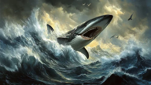 Giant shark bursts from stormy ocean waves under dark clouds