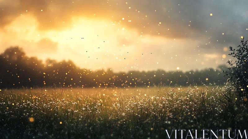Digital dusk meadow with luminous pollen drift composition.