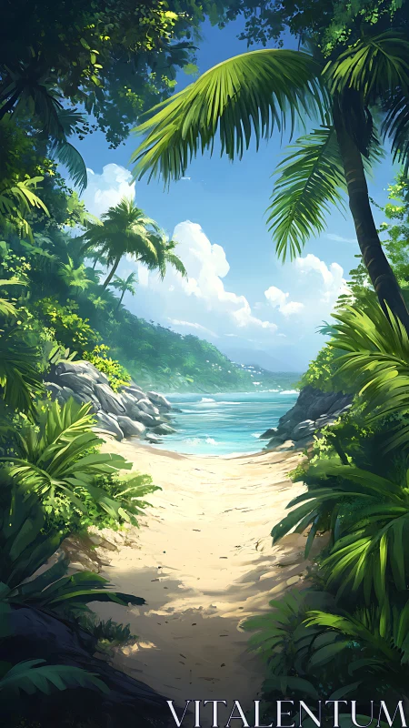 Tropical Cove with Palm Fronds and Turquoise Waters. Rendered