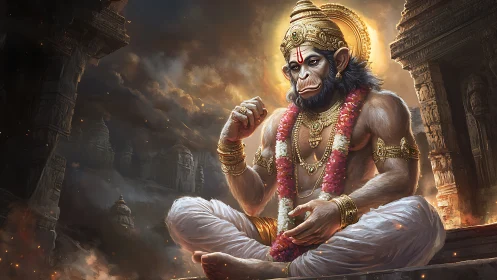 Radiant monkey deity in golden temple glow of dusk.