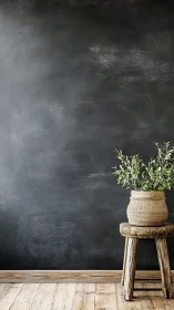 Rustic stool and woven pot greet a moody charcoal wall.