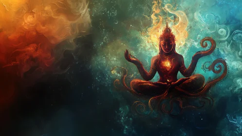 Luminous astral deity in meditative equilibrium field study.