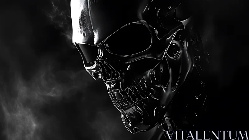 Chrome cybernetic skull emerges from swirling shadowed smoke