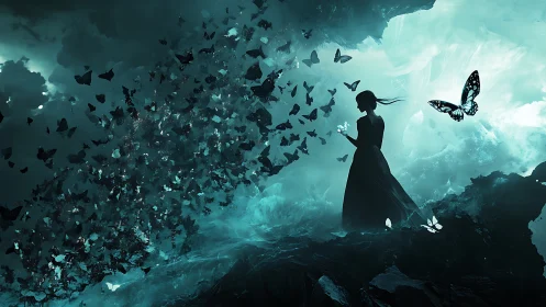Mystical girl standing with butterflies in swirling twilight.