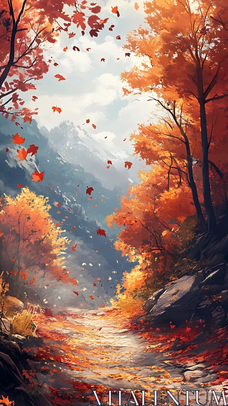 Crimson leaves choreograph a bright autumn mountain passage