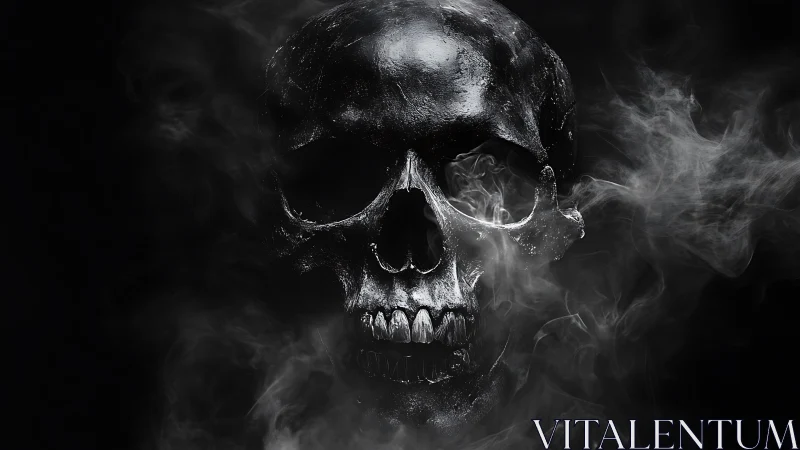 Black skull emerging through swirling smoke on black background.