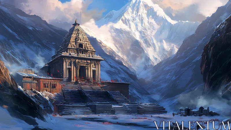 Mountain temple sanctuary wrapped in snow and soft light.