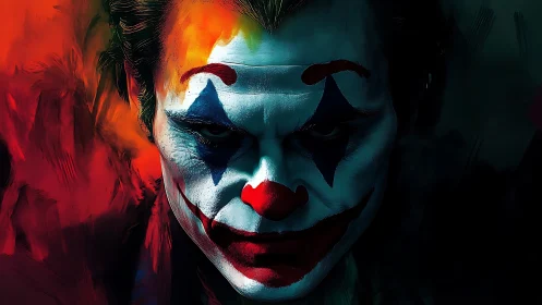 Cinematic clown portrait employs chiaroscuro and saturated primaries