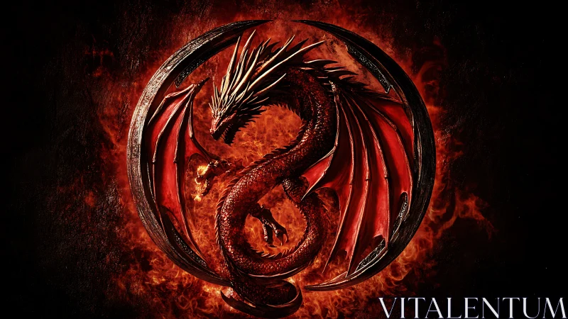 Red dragon curled in fiery circular emblem on black