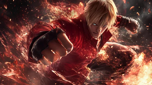 Dynamic fighter lunges forward through volumetric fire effects