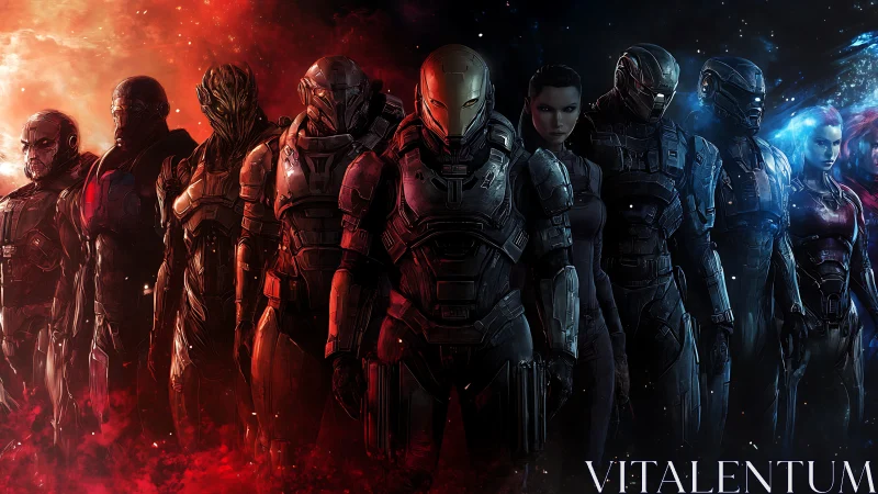 Lineup of armored sci fi soldiers against red and blue void.
