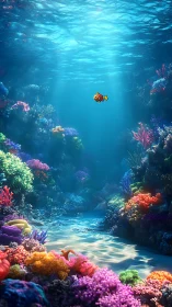 Tiny clownfish sails through a canyon of neon coral dreams