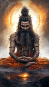 Ascetic yogi in lotus posture before radiant circular energy halo