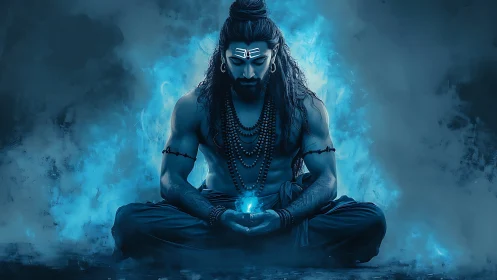 Meditating storm-bearer cradles a quiet inner cosmos of blue