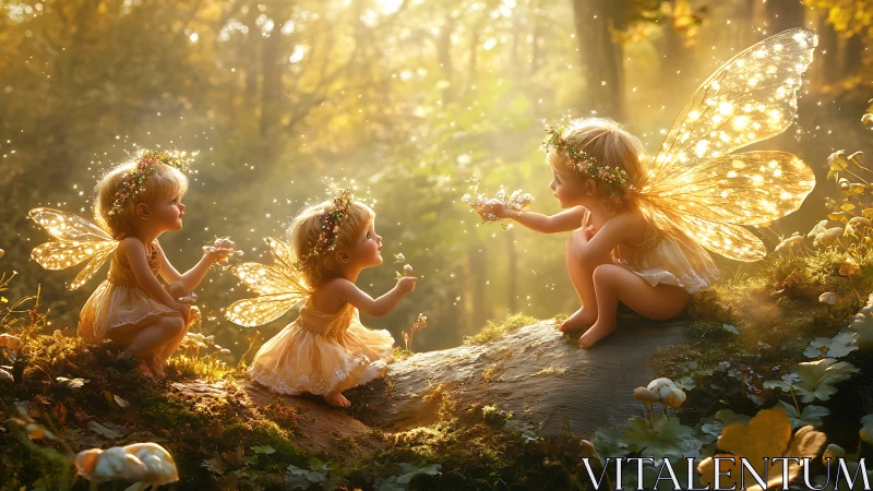 Golden woodland fairy toddlers trading sparks of sunlight.