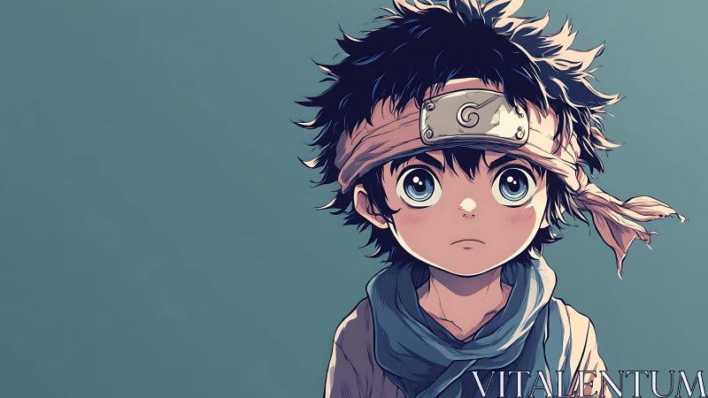 Wide-eyed anime boy with headband in teal minimalist background