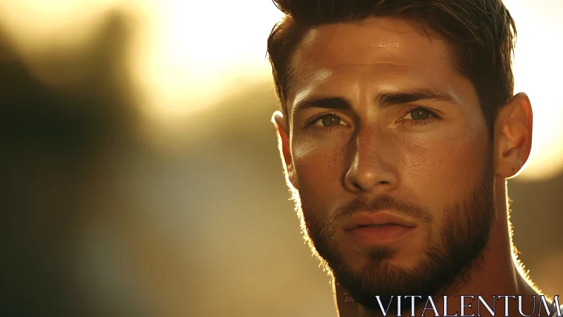 Sunlit close-up portrait of pensive man in warm tones.