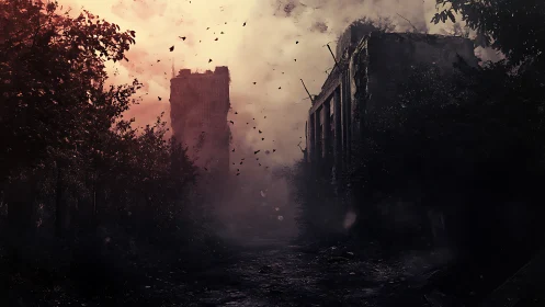 Twilight storm haunts a crumbling post-apocalyptic street.