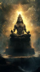 Divine meditator in radiant celestial blaze of light.