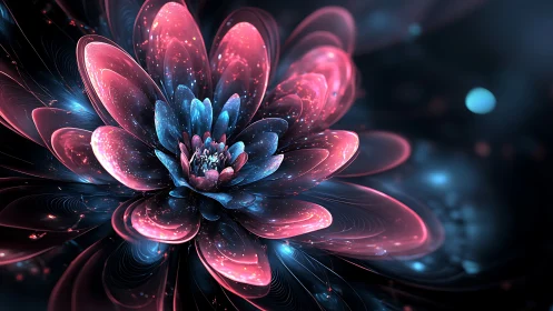 Fractal neon flower rendered with luminous translucent petals and bokeh