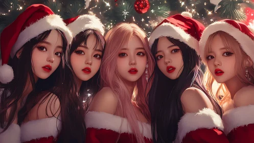 Holiday portrait of five girls in stylized Santa outfits.