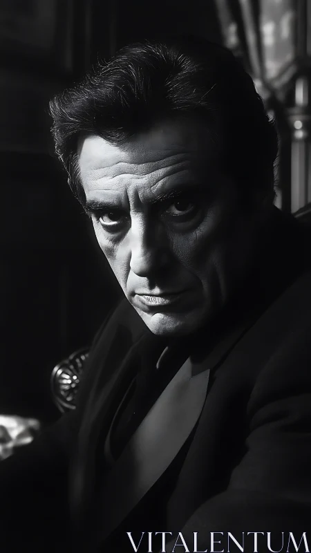 Moody black and white portrait with intense quiet gaze.