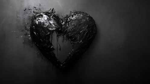 Oil-slicked heart hangs open, dripping silence into void