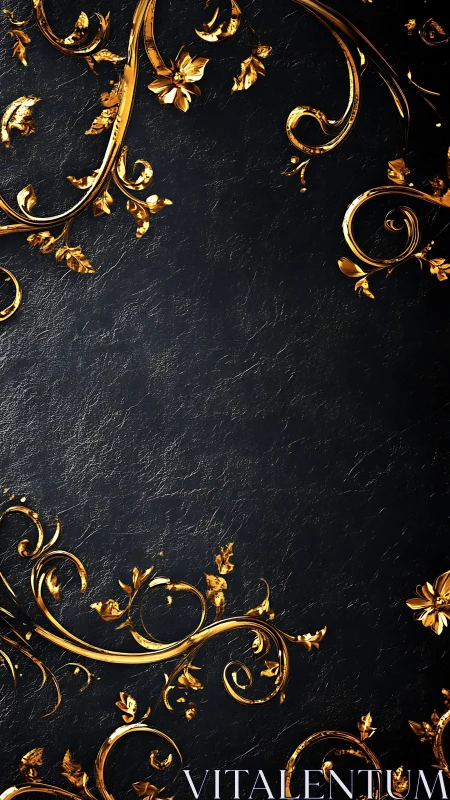 Gold floral scrollwork frames textured black background