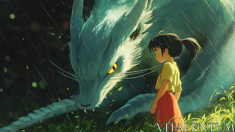 Anime girl facing white dragon under glowing summer rain.