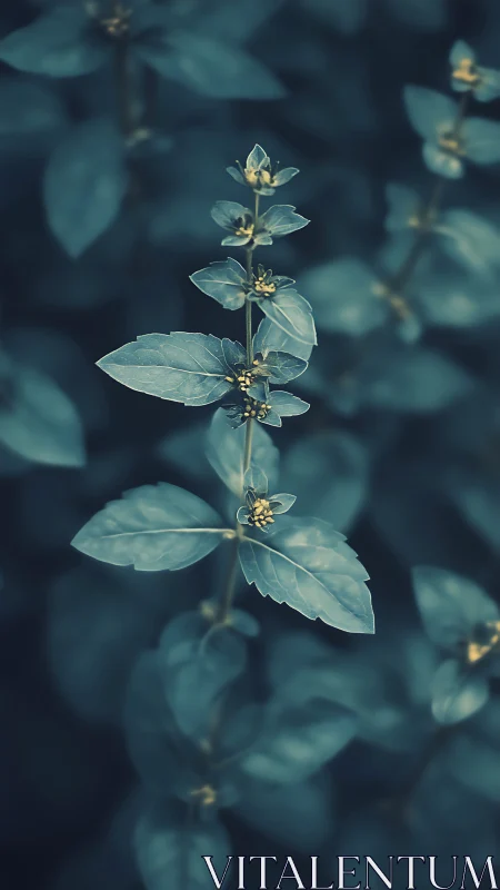 Soft teal leaves rise quietly in a calm forest glow