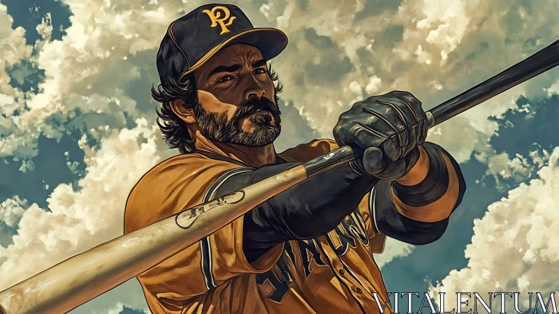 Power hitter readies swing under dramatic clouded sky.