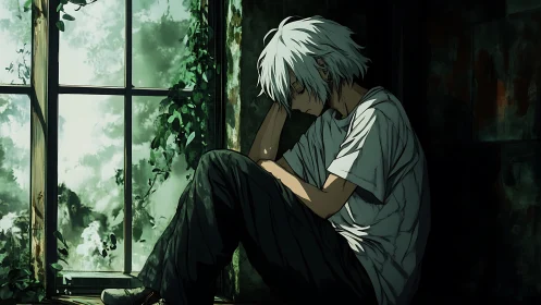 Melancholic white haired teen in ivy lit abandoned interior