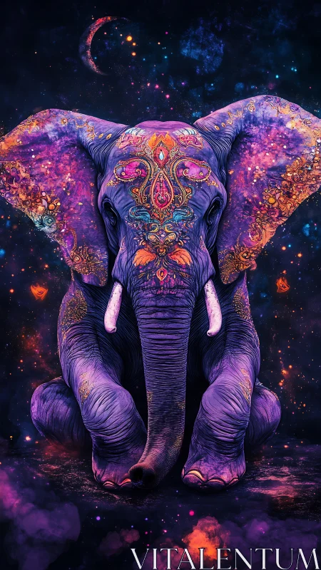 Celestial violet elephant meditates in a jeweled cosmic night