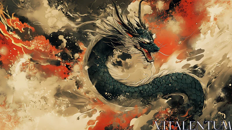 Mythic serpentine dragon surges through abstract firestorm clouds