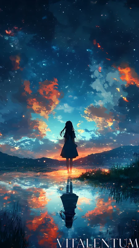 Backlit lone girl silhouettes against nebular dusk sky reflection