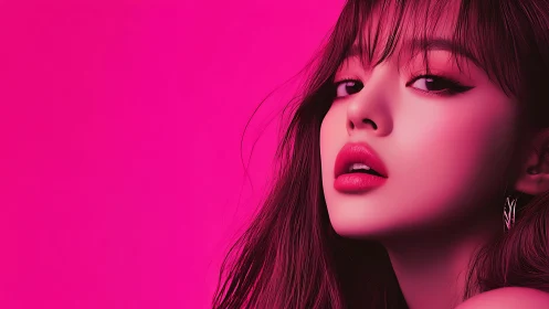 Side profile portrait in saturated monochrome magenta light.