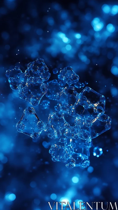 3D crystalline bubbles in deep blue bokeh field composition.