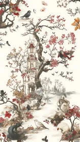 Chinoiserie landscape with birds, pagoda tower and ink-rendered flora
