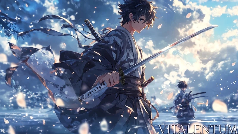 Two swordsmen standing in shallow reflective water at dusk.