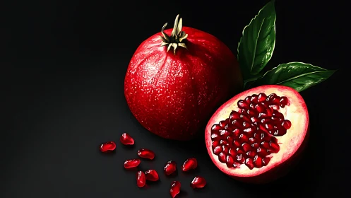 Glossy pomegranate still life on deep black background.