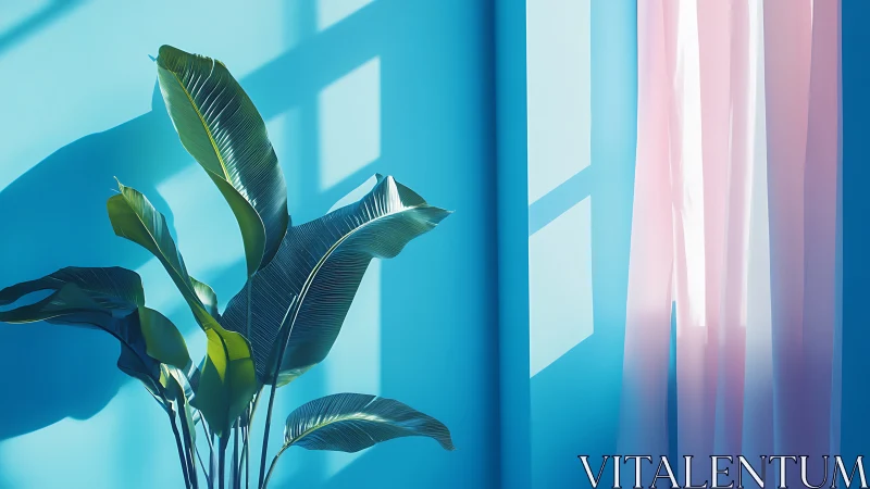 Sunlit banana leaves beside pastel pink window drape.