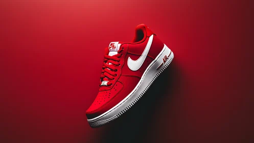 Red Nike sneaker on red gradient background in profile view.