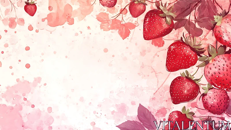 Ripe strawberries frame a soft watercolor splash background.