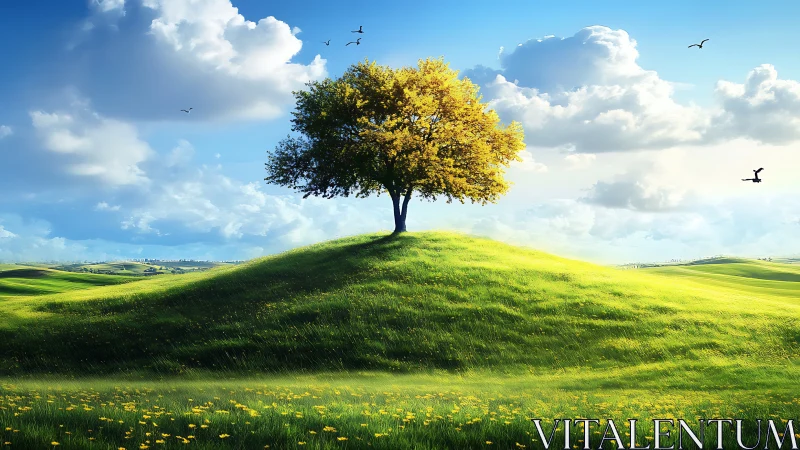 Solitary golden tree crowning a sunlit, wind-brushed hilltop.