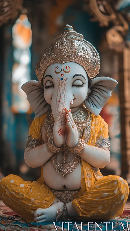 Devotional Ganesh idol rendered in warm-toned photoreal style